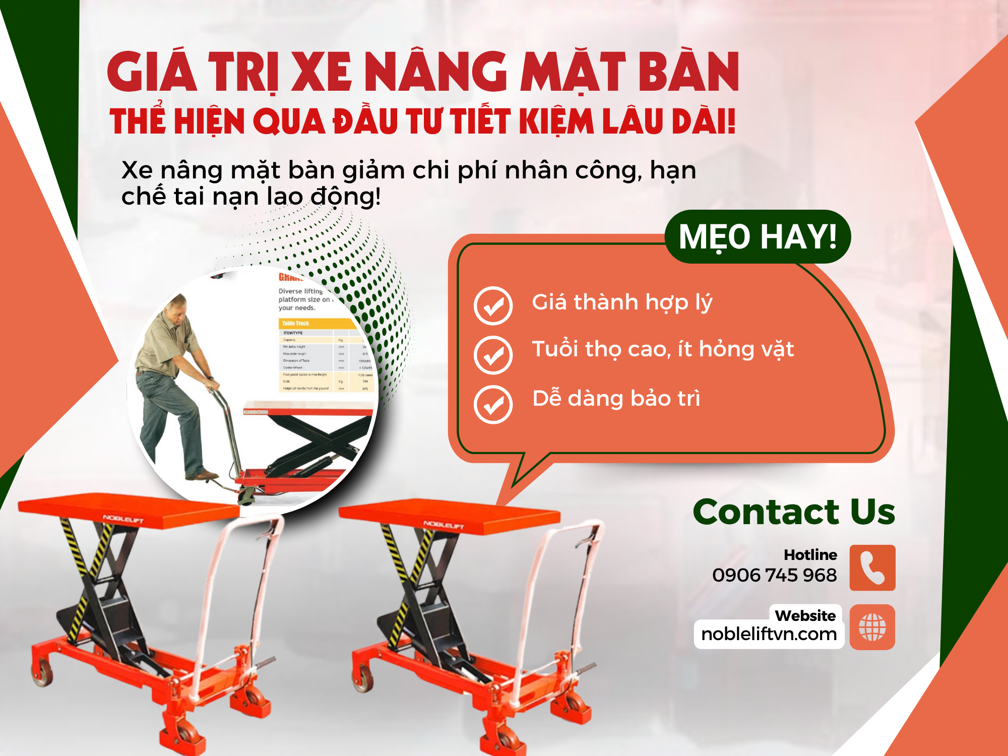 Giá trị của xe nâng mặt bàn thể hiện qua đầu tư tiết kiệm và lâu dài