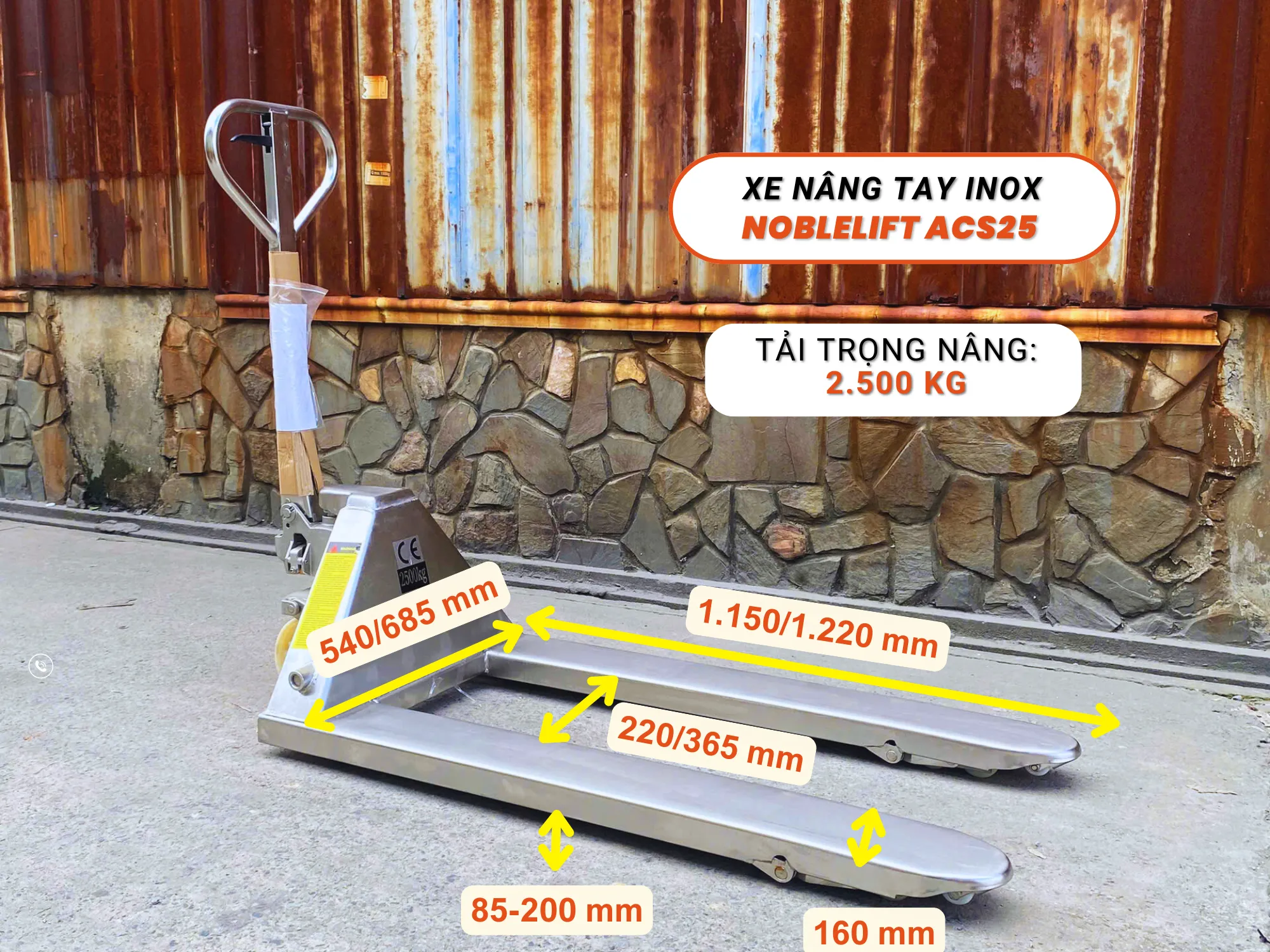 Thông số kỹ thuật chi tiết của xe nâng tay inox 2500kg ACS25 Noblelift càng rộng bánh nylon