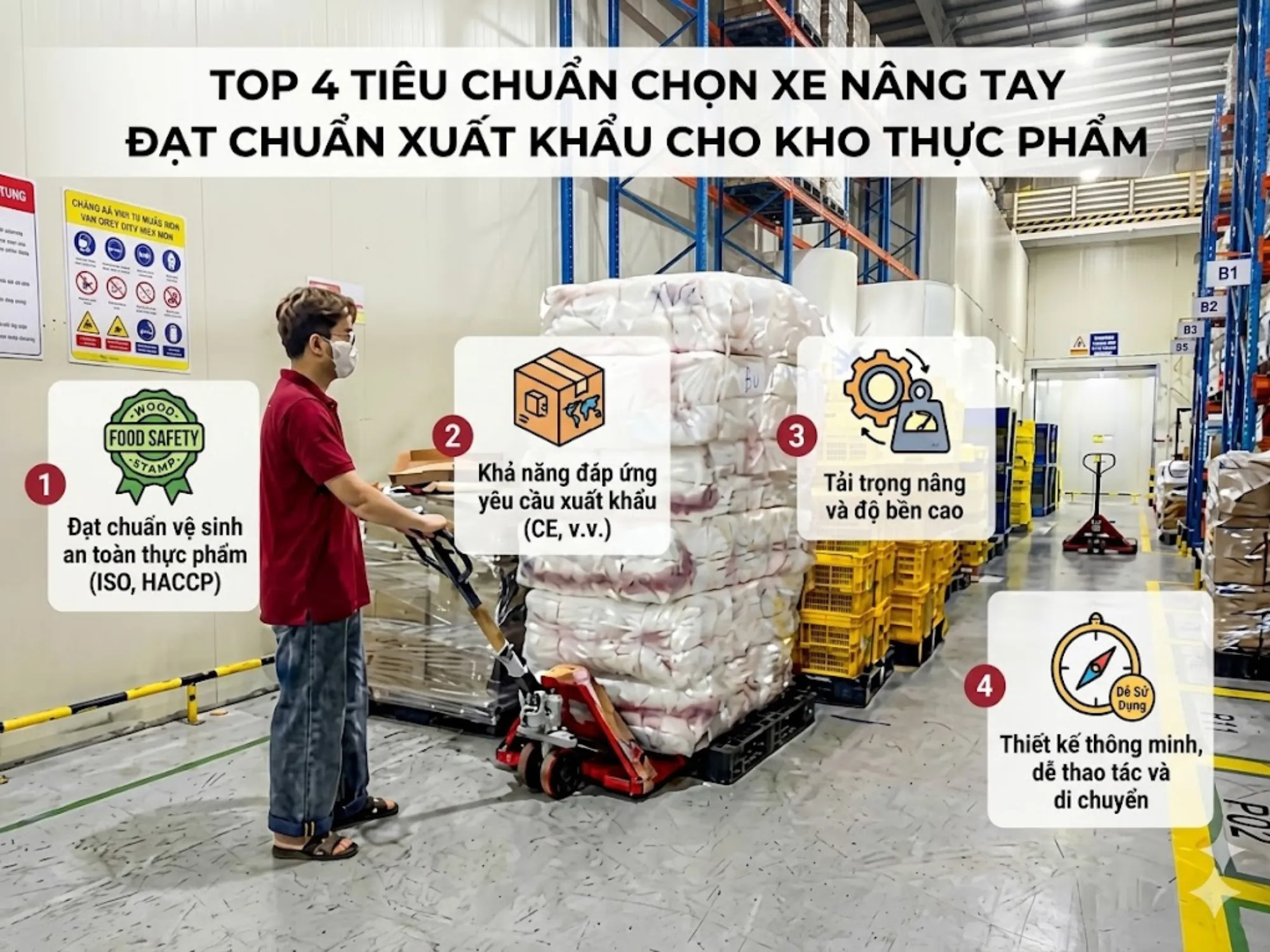 Top 4 tiêu chuẩn chọn xe nâng tay đạt chuẩn xuất khẩu cho kho thực phẩm