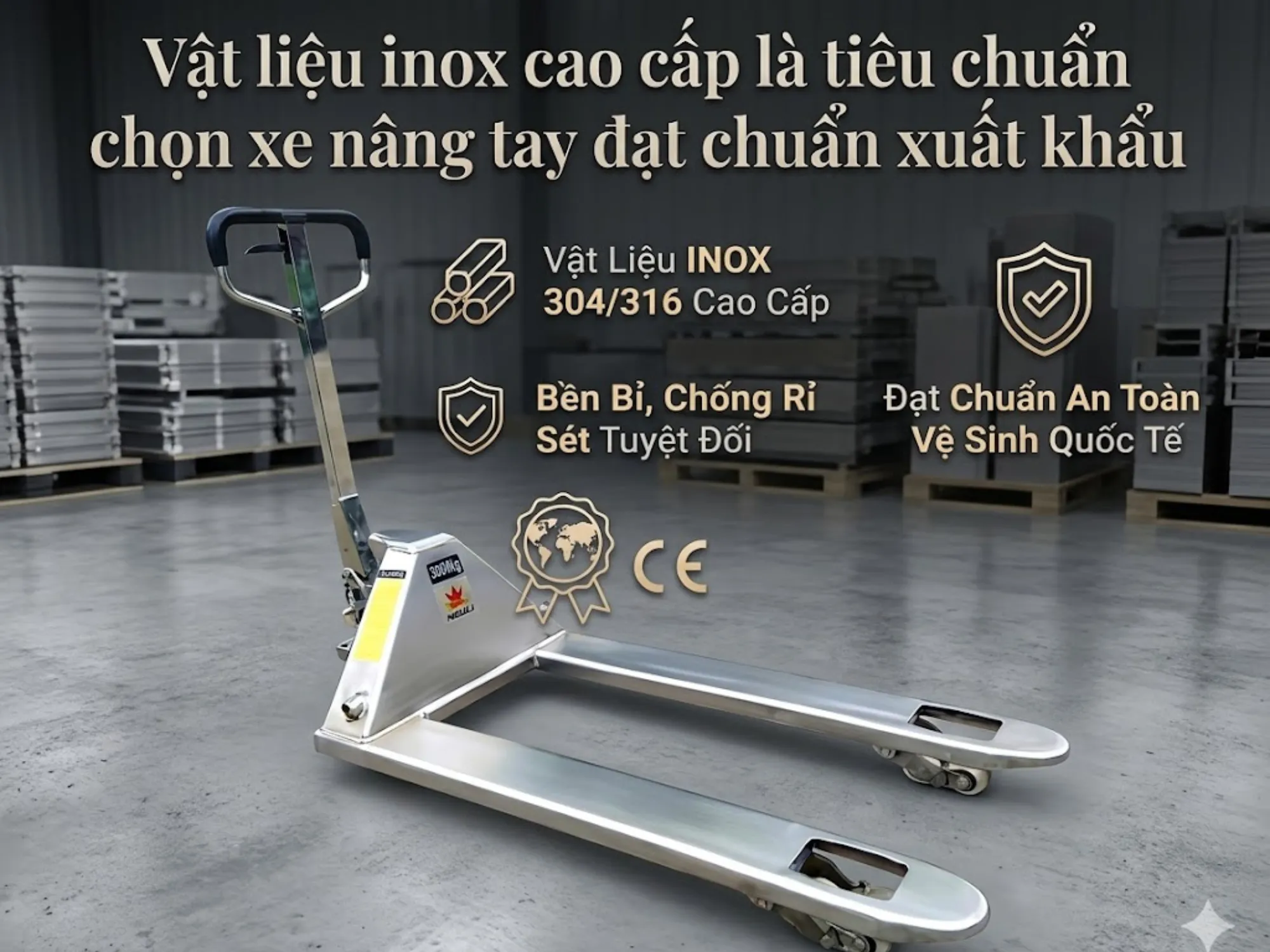 Vật liệu inox cao cấp là một trong 4 tiêu chuẩn chọn xe nâng tay đạt chuẩn xuất khẩu