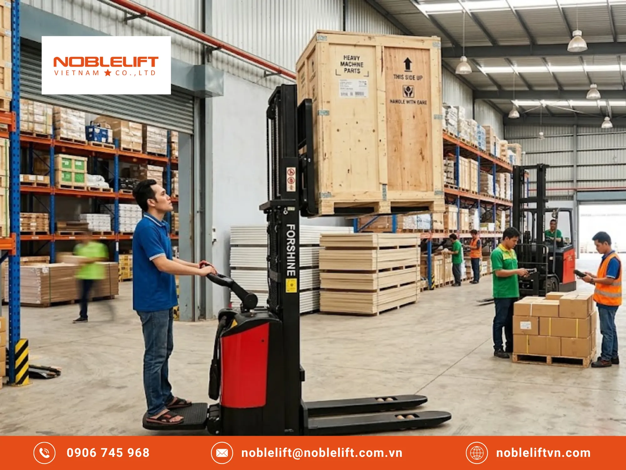 Hiệu suất pin Lithium sau 1 năm đánh giá chi tiết xe nâng điện đứng lái Noblelift