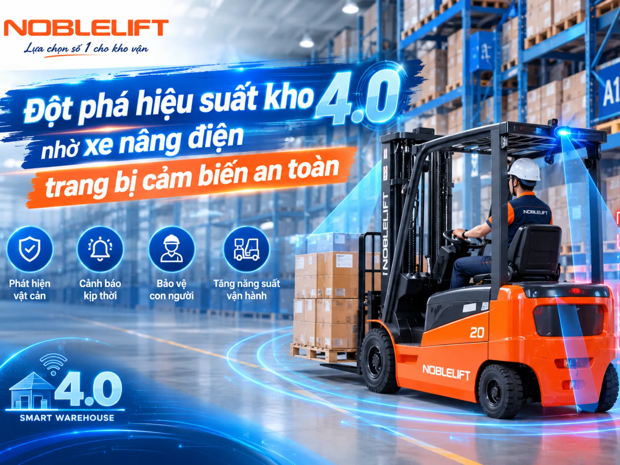 Đột phá hiệu suất kho 4.0 nhờ xe nâng điện trang bị cảm biến an toàn