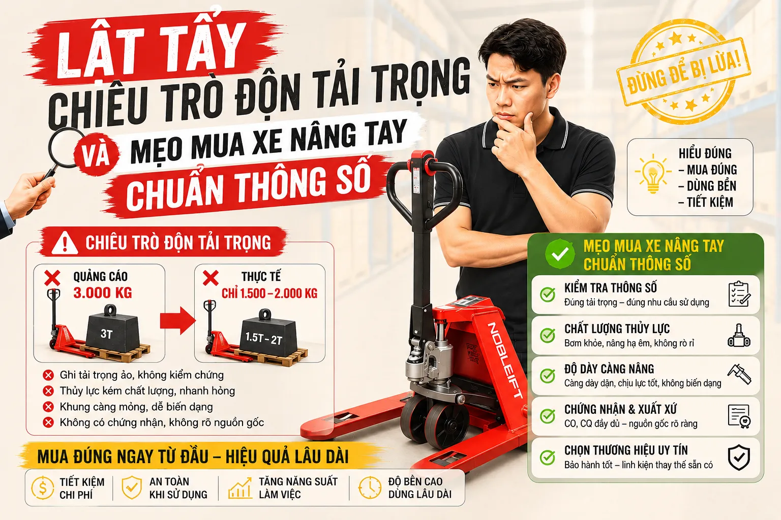 Lật tẩy chiêu trò độn tải trọng và mẹo mua xe nâng tay chuẩn thông số