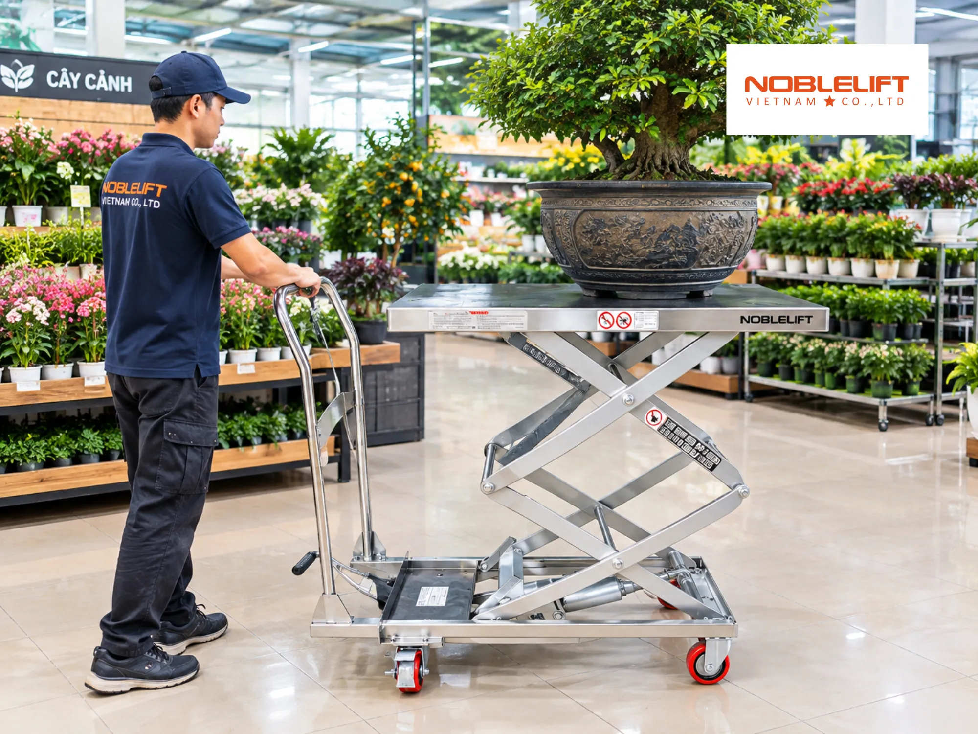 Nâng hạ cây cảnh trọng lượng cao bằng xe nâng mặt bàn chắc chắn an toàn