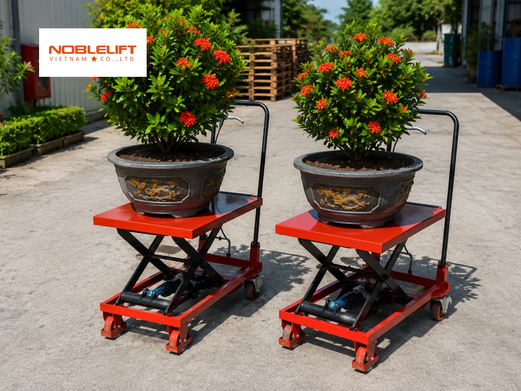 Cơ chế vận hành giúp nâng hạ cây cảnh trọng lượng cao bằng xe nâng mặt bàn