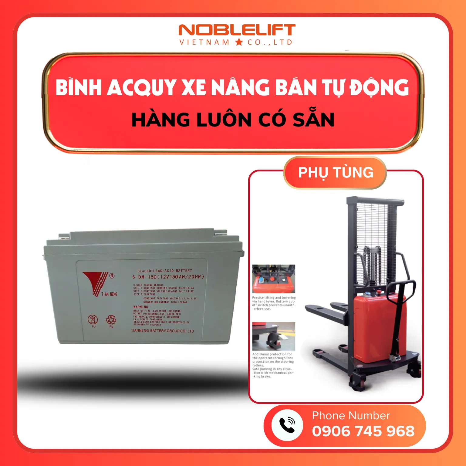 Bình acquy 12V/150Ah xe nâng bán tự động SPN