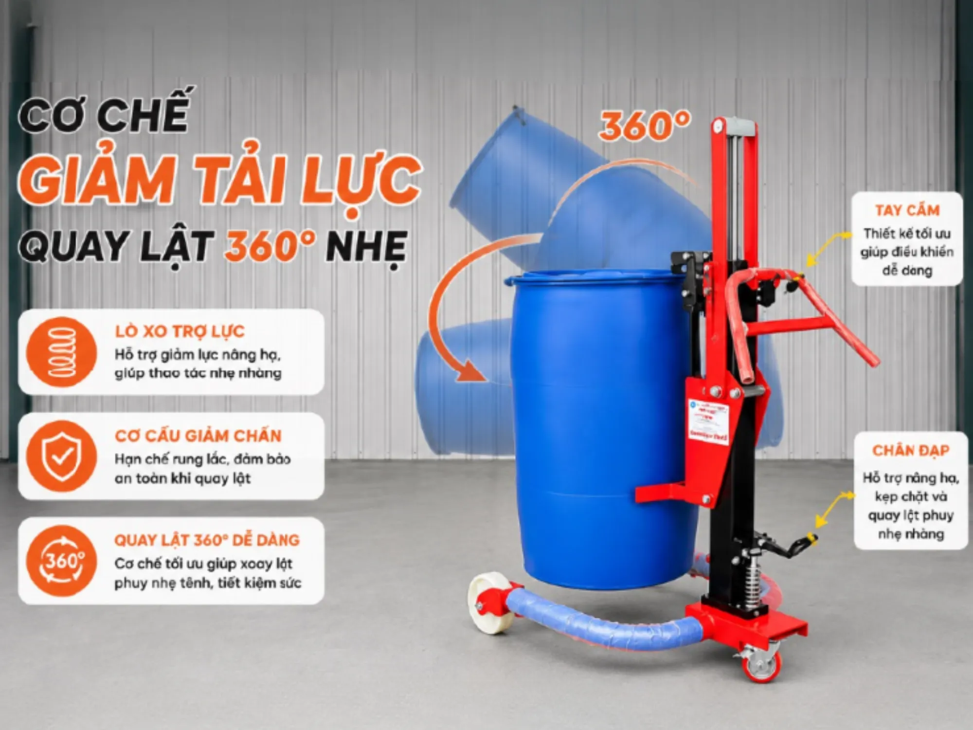 Cơ chế giảm tải lực quay lật 360 độ nhẹ tênh bằng dòng xe nâng đổ phuy