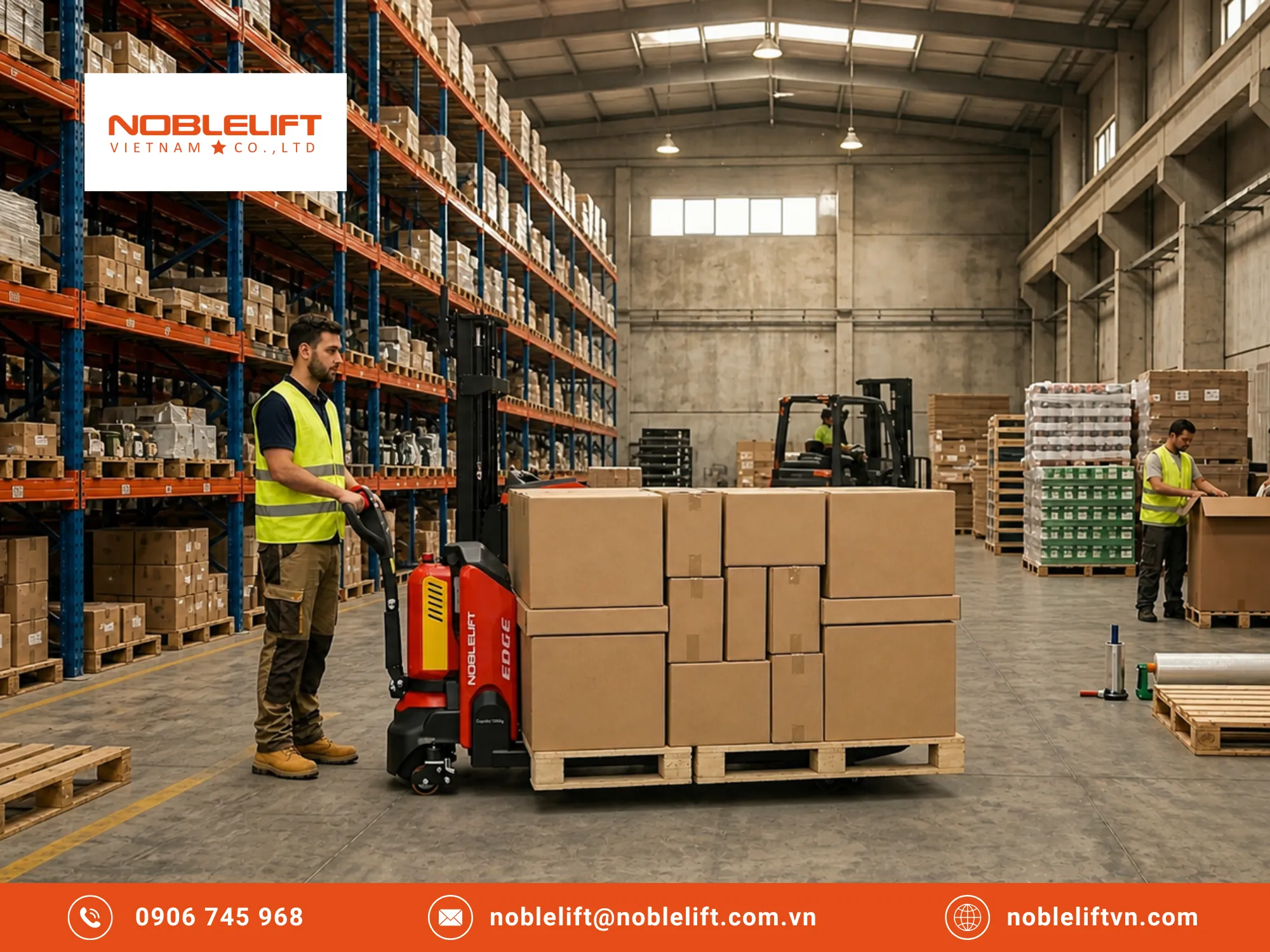 Thiết bị Noblelift hỗ trợ việc sắp xếp hàng hóa trên pallet gọn gàng và giải tỏa kho bãi