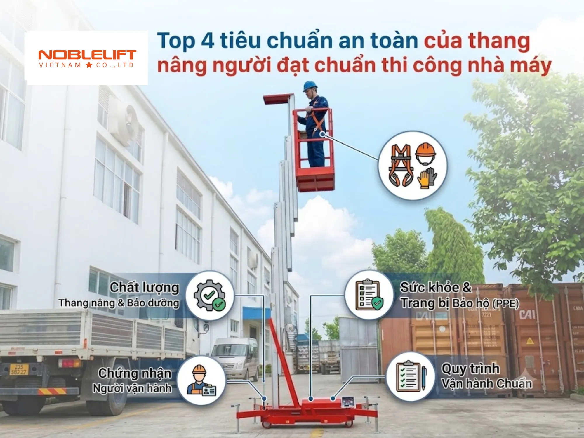 Top 4 tiêu chuẩn an toàn của thang nâng người đạt chuẩn thi công nhà máy