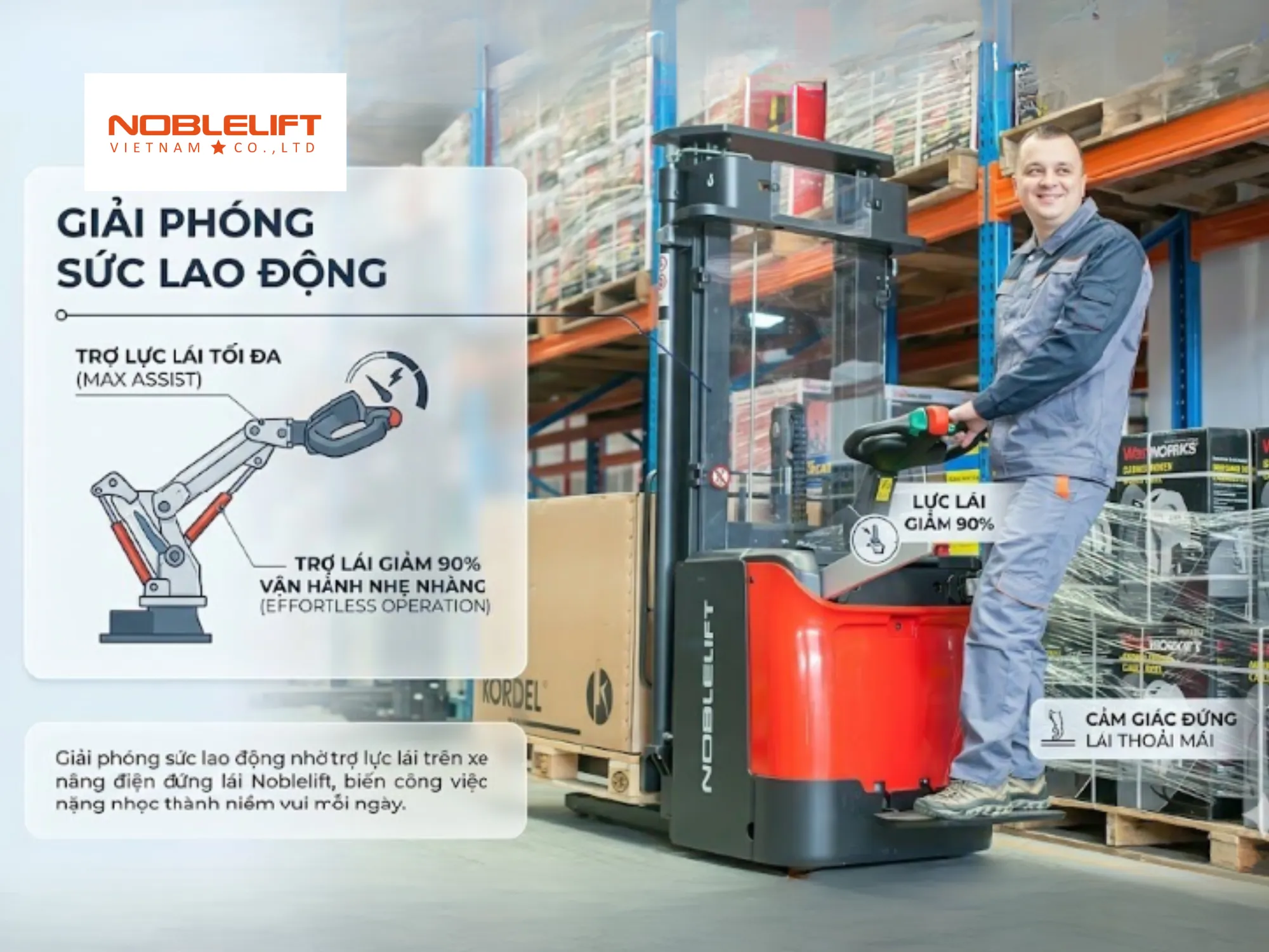 Giải phóng sức lao động nhờ trợ lực lái trên xe nâng điện đứng lái