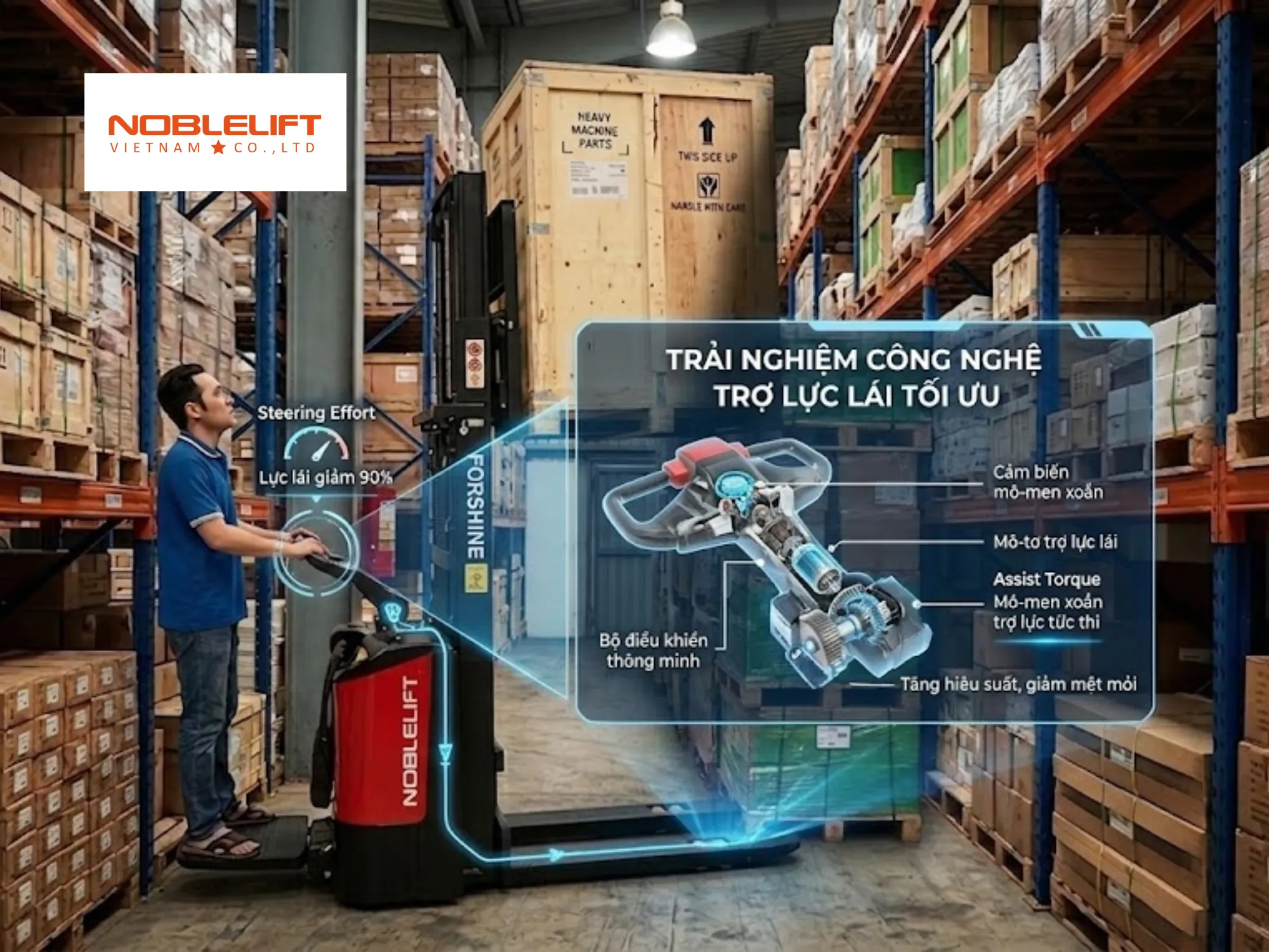Trải nghiệm công nghệ trợ lực lái trên xe nâng điện đứng lái tại Noblelift