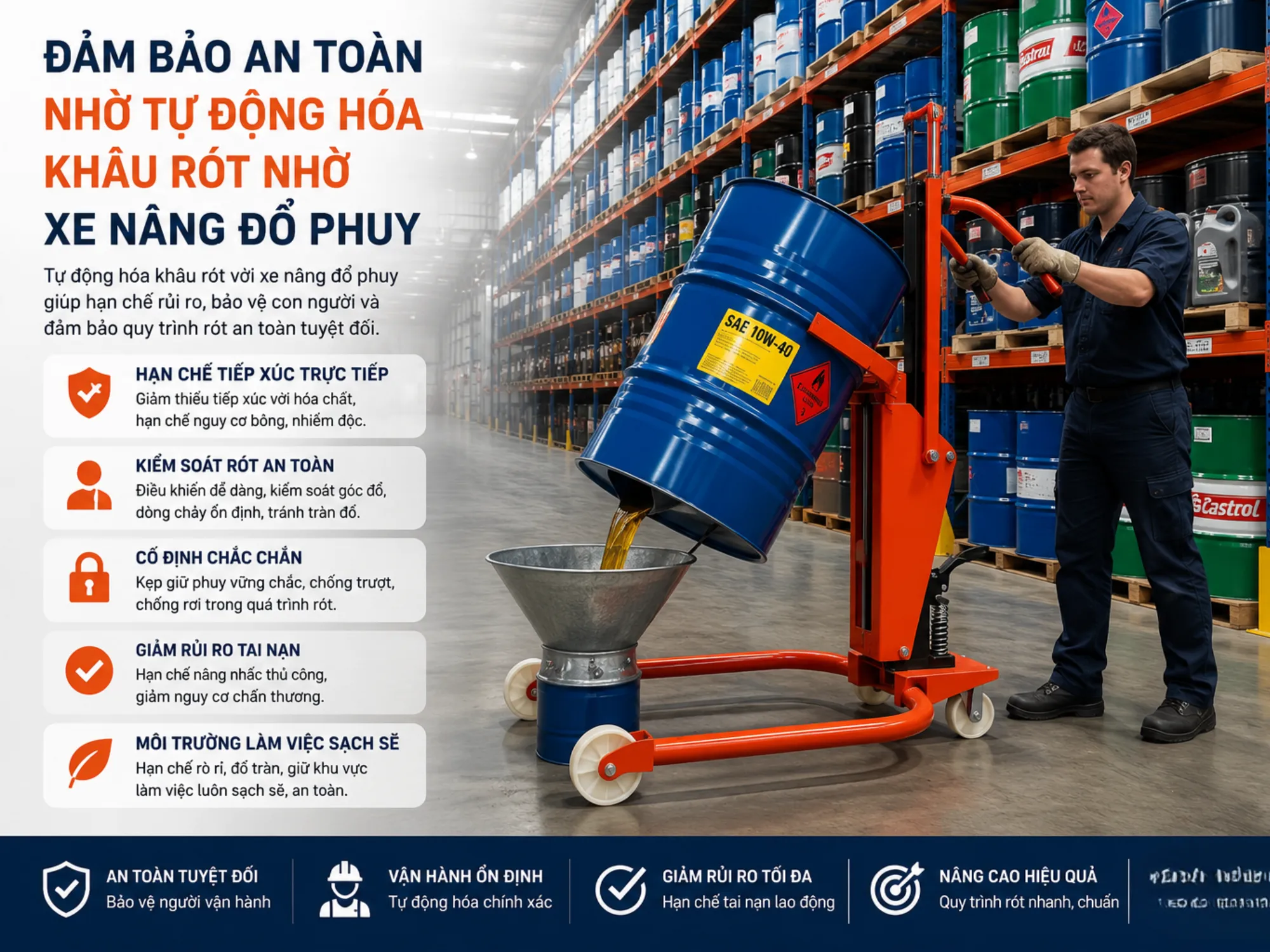 Đảm bảo an toàn nhờ tự động hóa khâu rót nhờ xe nâng đổ phuy