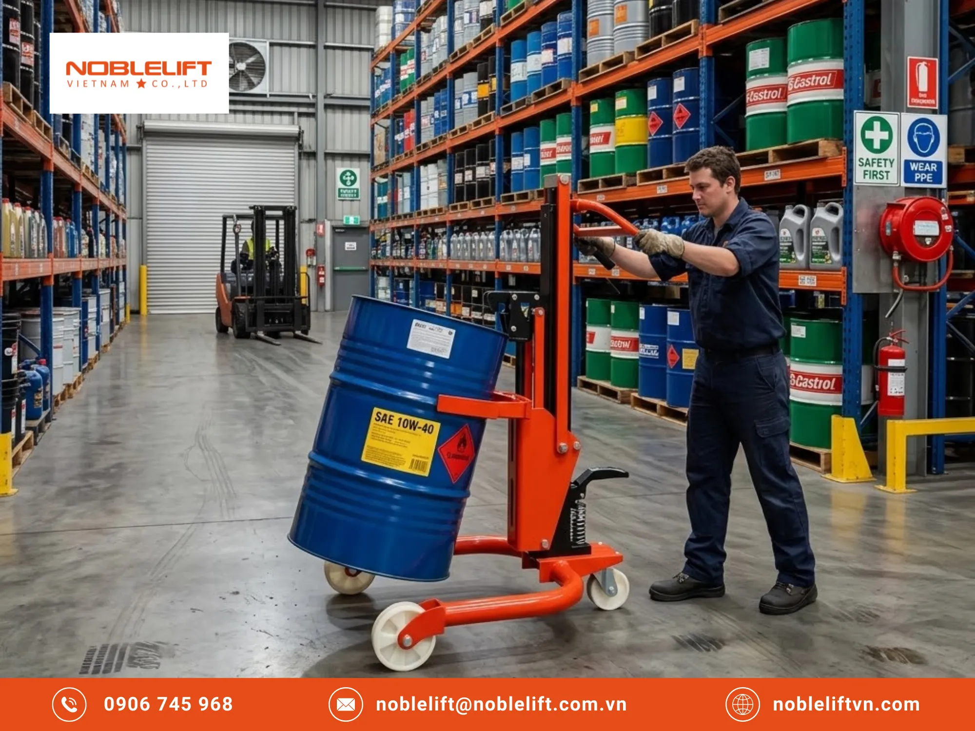 Xe nâng đẩy phuy chiết rót hóa chất an toàn chống cháy nổ