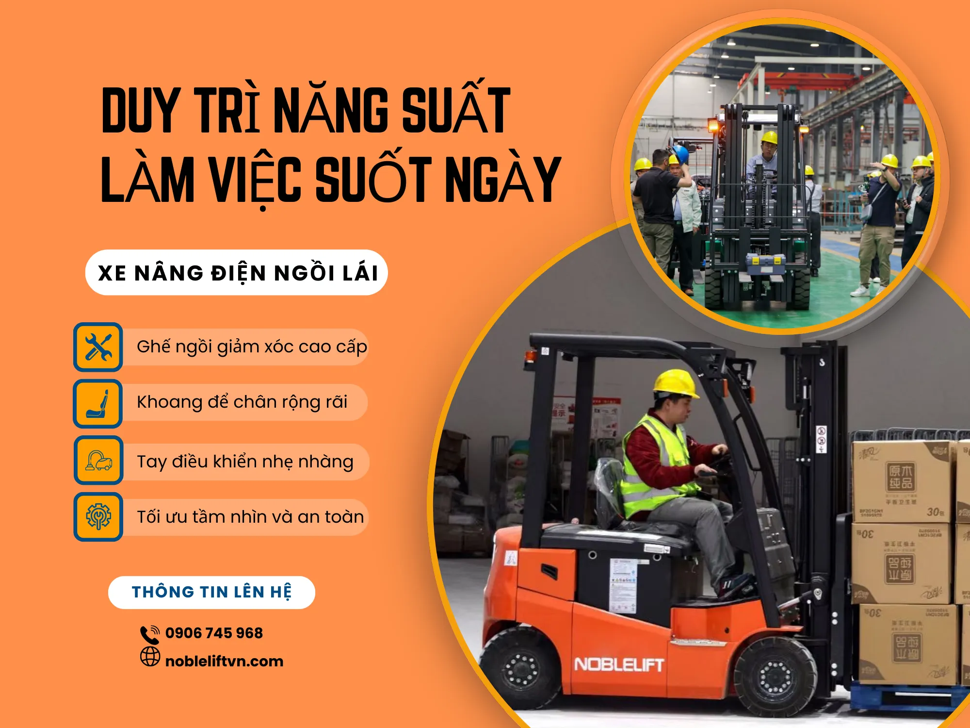 Tăng tối đa sự thoải mái cho tài xế bằng xe nâng điện ngồi lái giúp duy trì năng suất làm việc suốt ngày dài