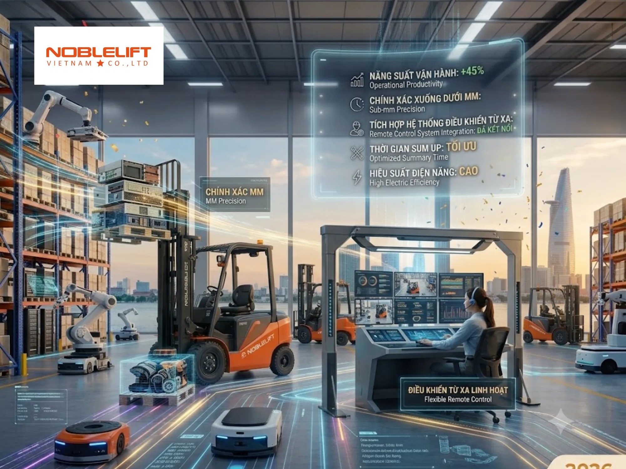 Năng suất vượt trội từ xe nâng điện tích hợp công nghệ điều khiển từ xa