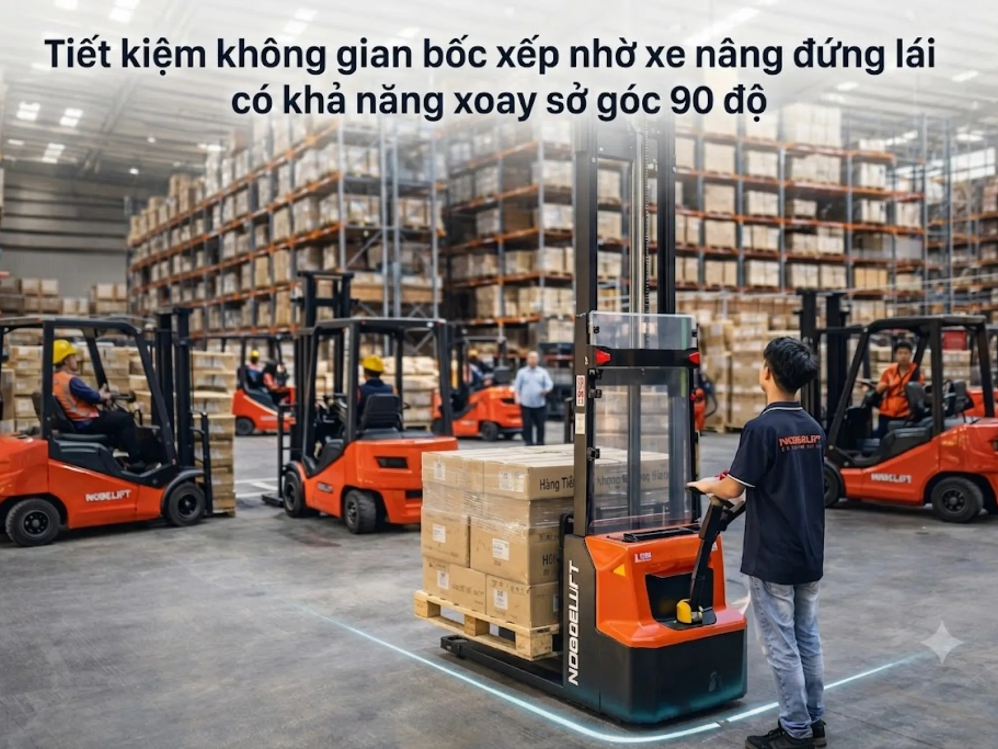 Tiết kiệm không gian bốc xếp nhờ xe nâng đứng lái có khả năng xoay sở góc 90 độ