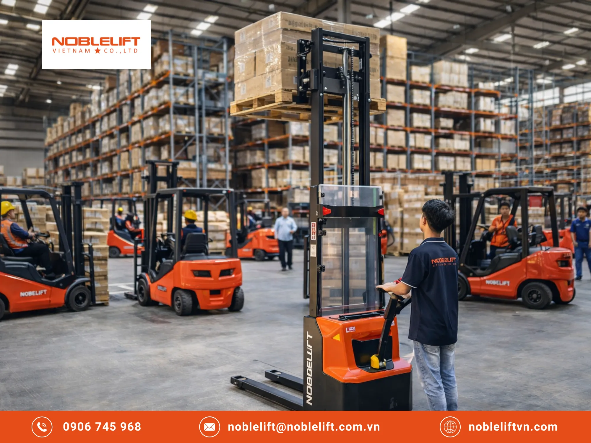 Noblelift Việt Nam - Tư vấn giải pháp xoay xở trong kho hẹp bằng xe nâng điện đứng lái 2 tấn